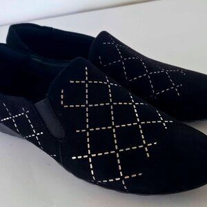 Sesto Meucci Black Suede Loafers with Silver Crosshatch Design SIZE 7M